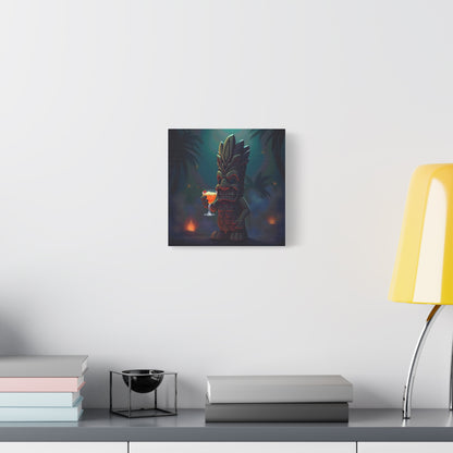 Canvas Print, Tiki Statue Holding Exotic Drink Tropical Night Scene, Wall Art Decor, Beach House Decor, Home Office Decoration, Island Vibes