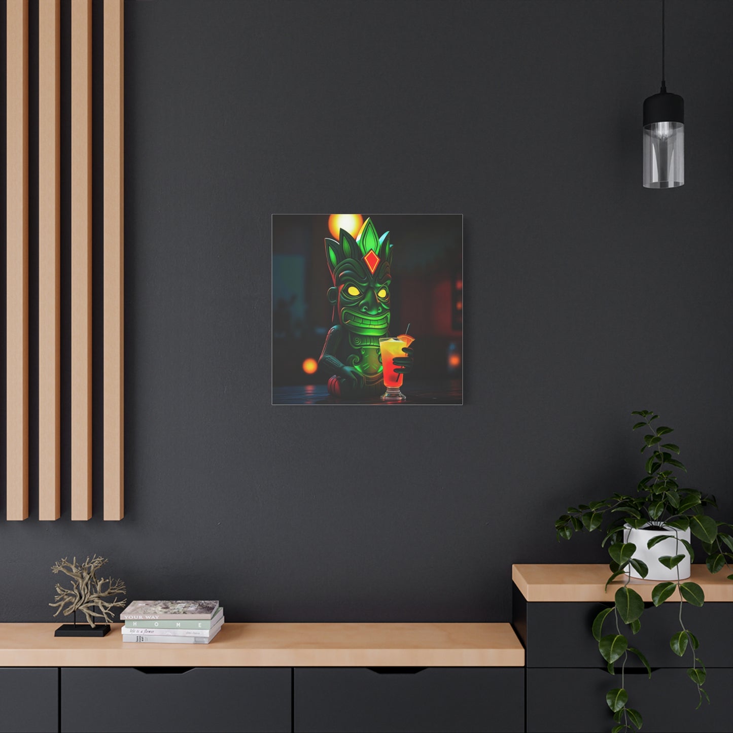 Canvas Print, Exotic Tiki Statue at Night Tropical Paradise Wall Art, Stretched Matte Print, Tiki Drink Decor, Island Vibes Home Decor,