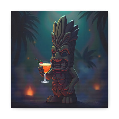 Canvas Print, Tiki Statue Holding Exotic Drink Tropical Night Scene, Wall Art Decor, Beach House Decor, Home Office Decoration, Island Vibes