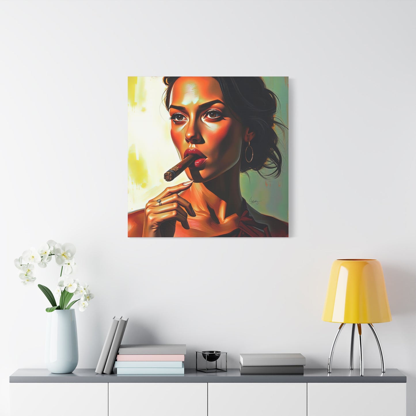 Canvas Wall Art, Pinup Woman Smoking Cigar for Man Cave, Cigar Aficionados, Retro Art Decor, Pinup Art Print, Wall Decor