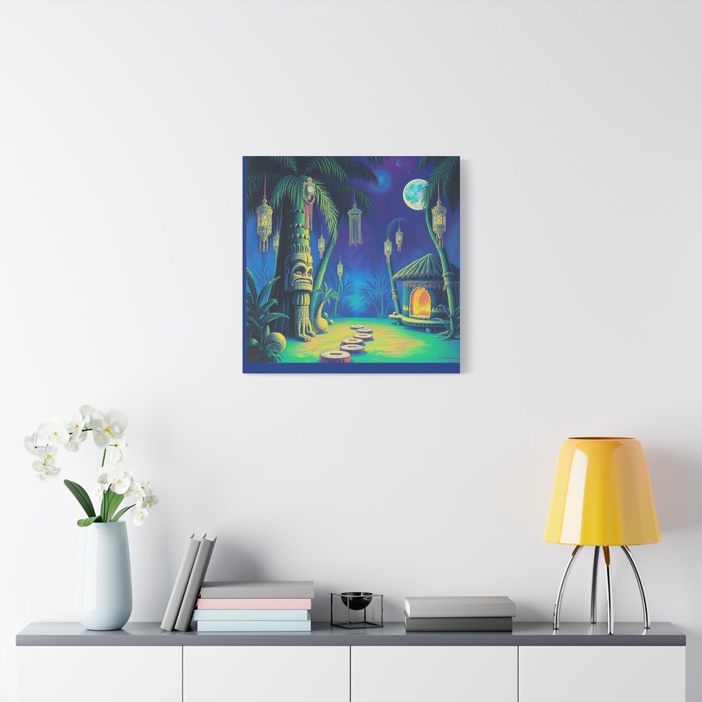 Canvas Print, Tiki Village Night Scene Wall Art, Whimsical Style, Home Decor, Gift, Tropical Artwork
