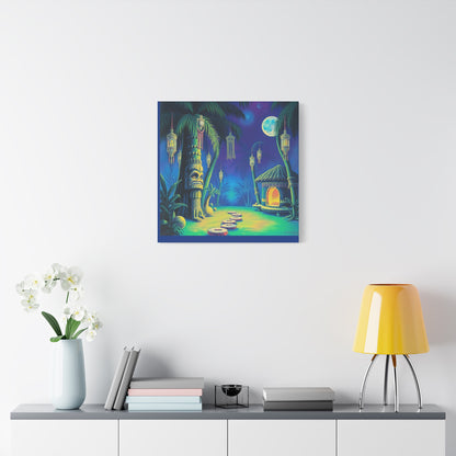 Canvas Print, Tiki Village Night Scene Wall Art, Whimsical Style, Home Decor, Gift, Tropical Artwork