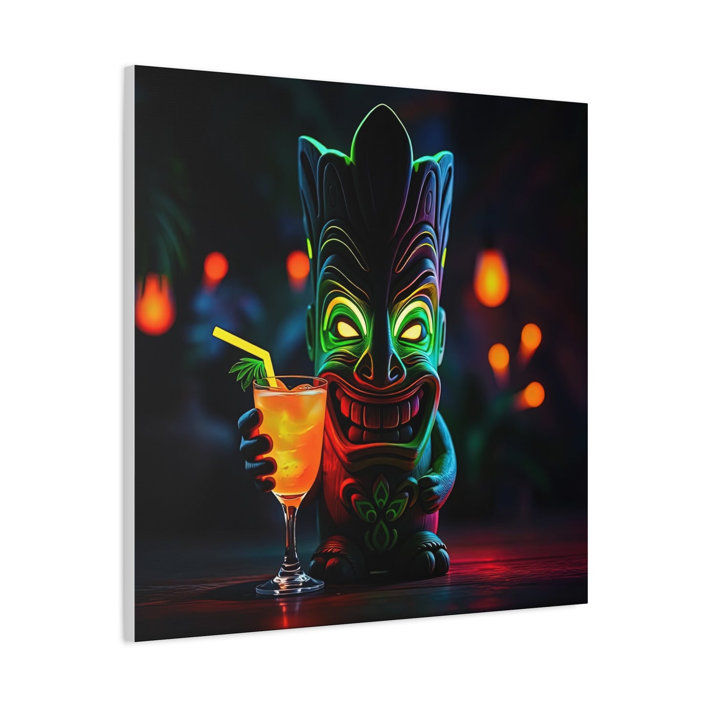 Canvas Print, Tiki Statue Tropical Paradise Wall Art Decor, Exotic Drink, Matte, Stretched, 1 25", Hawaiian Home Decor, Island Vibes,