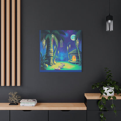 Canvas Print, Tiki Village Night Scene Wall Art, Whimsical Style, Home Decor, Gift, Tropical Artwork
