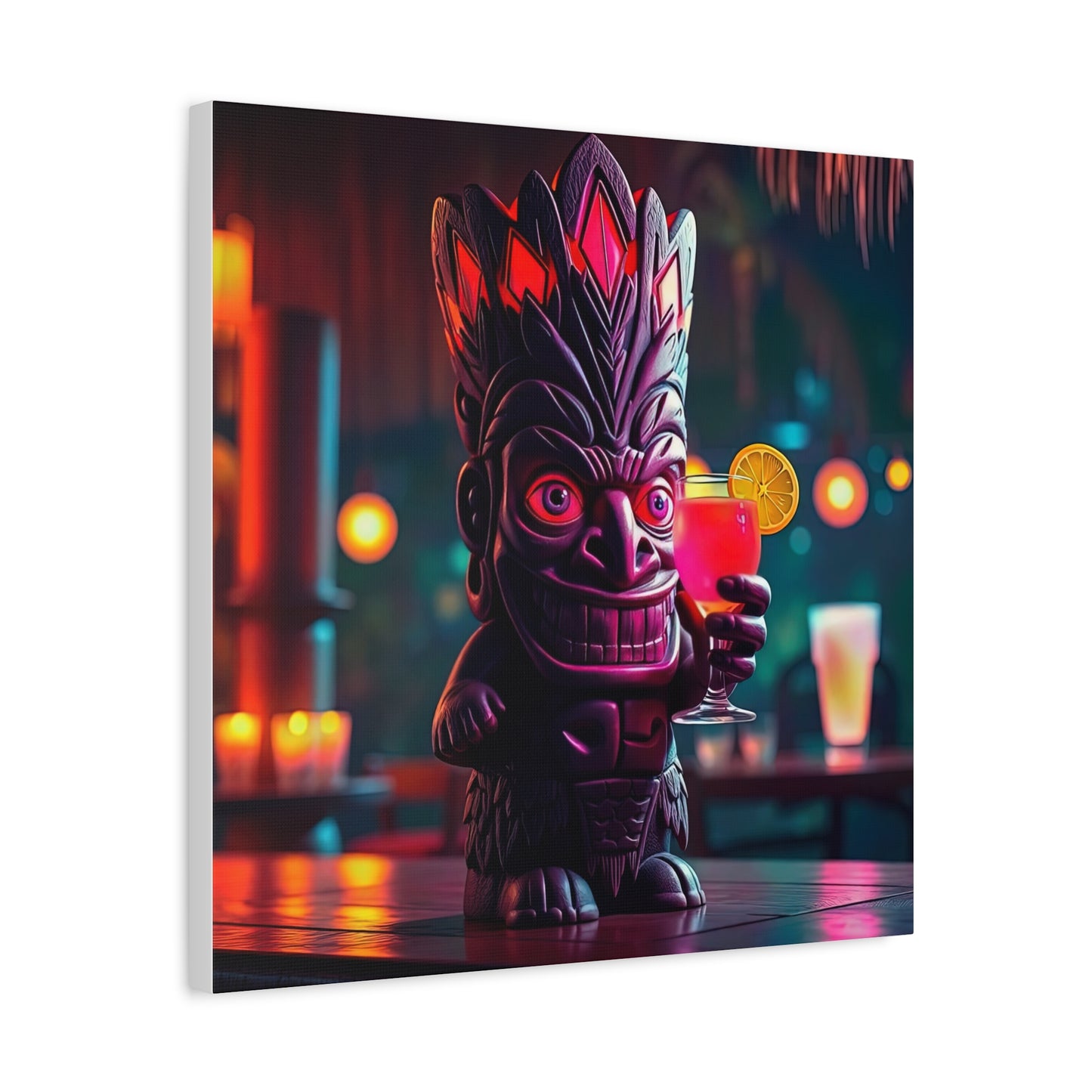 Canvas Print, Exotic Tiki Statue with Drink, Tiki Location Art, Home Decor, Wall Art, Tropical Print, Tiki Decor