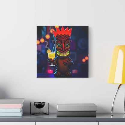 Canvas Print, Exotic Tiki Location with Tiki Drink, Tiki Statue, Nighttime Scene, Wall Art, Home Decor, Tropical Decor