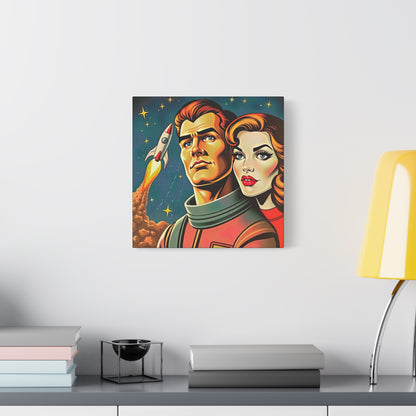 Canvas Wall Art, Retro Sci-Fi Space Commander & Princess, Pulp Magazine 1940s 1950s Decor, Matte Stretched Print, Astronomy Gift, Nerd Home