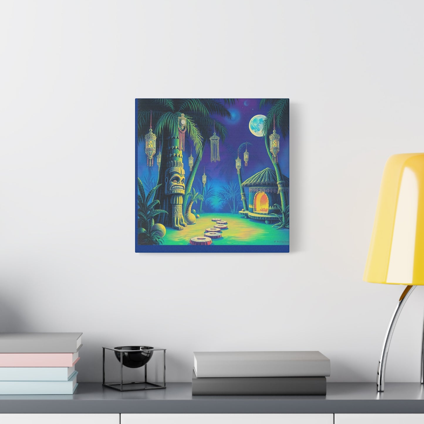 Canvas Print, Tiki Village Night Scene Wall Art, Whimsical Style, Home Decor, Gift, Tropical Artwork