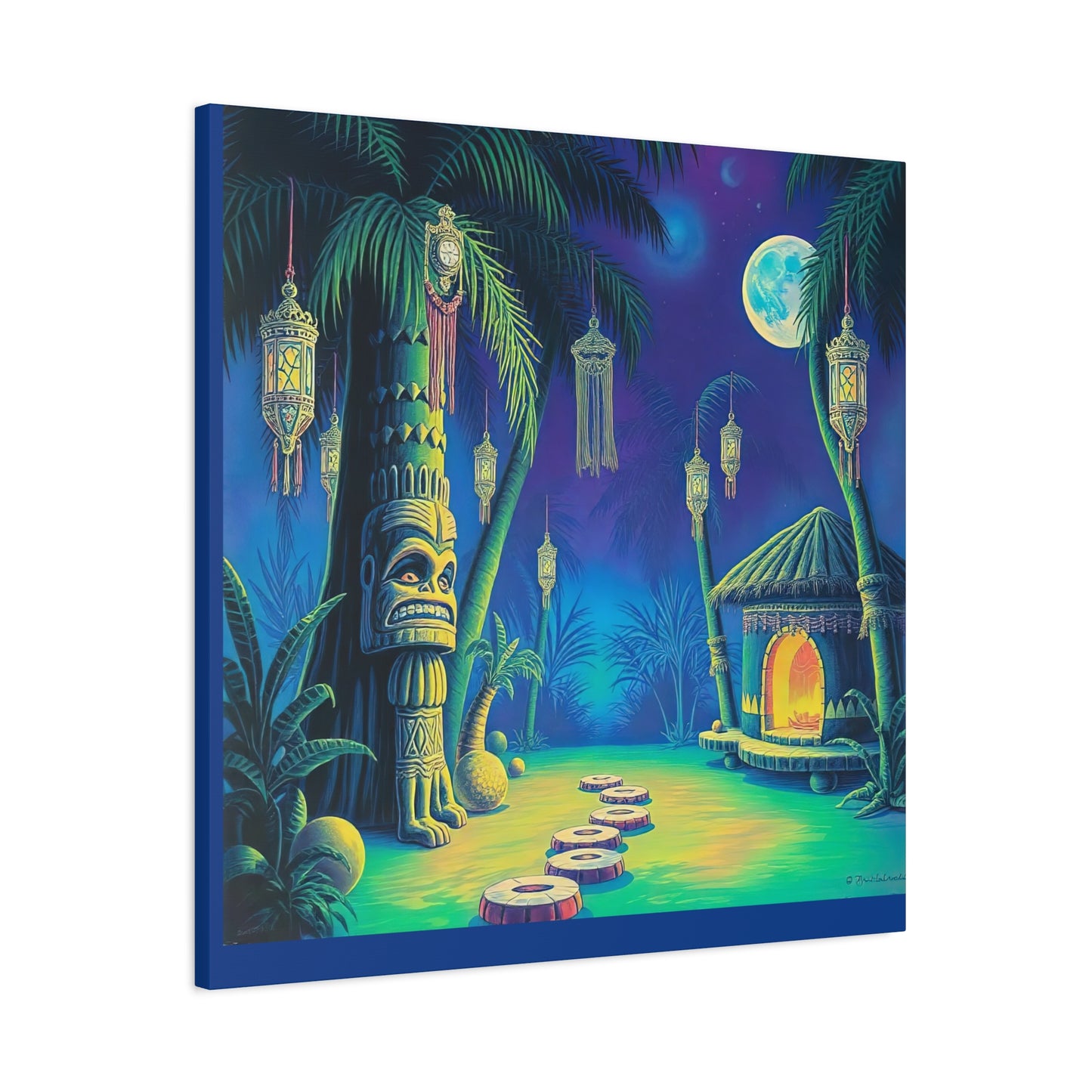 Canvas Print, Tiki Village Night Scene Wall Art, Whimsical Style, Home Decor, Gift, Tropical Artwork