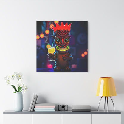 Canvas Print, Exotic Tiki Location with Tiki Drink, Tiki Statue, Nighttime Scene, Wall Art, Home Decor, Tropical Decor
