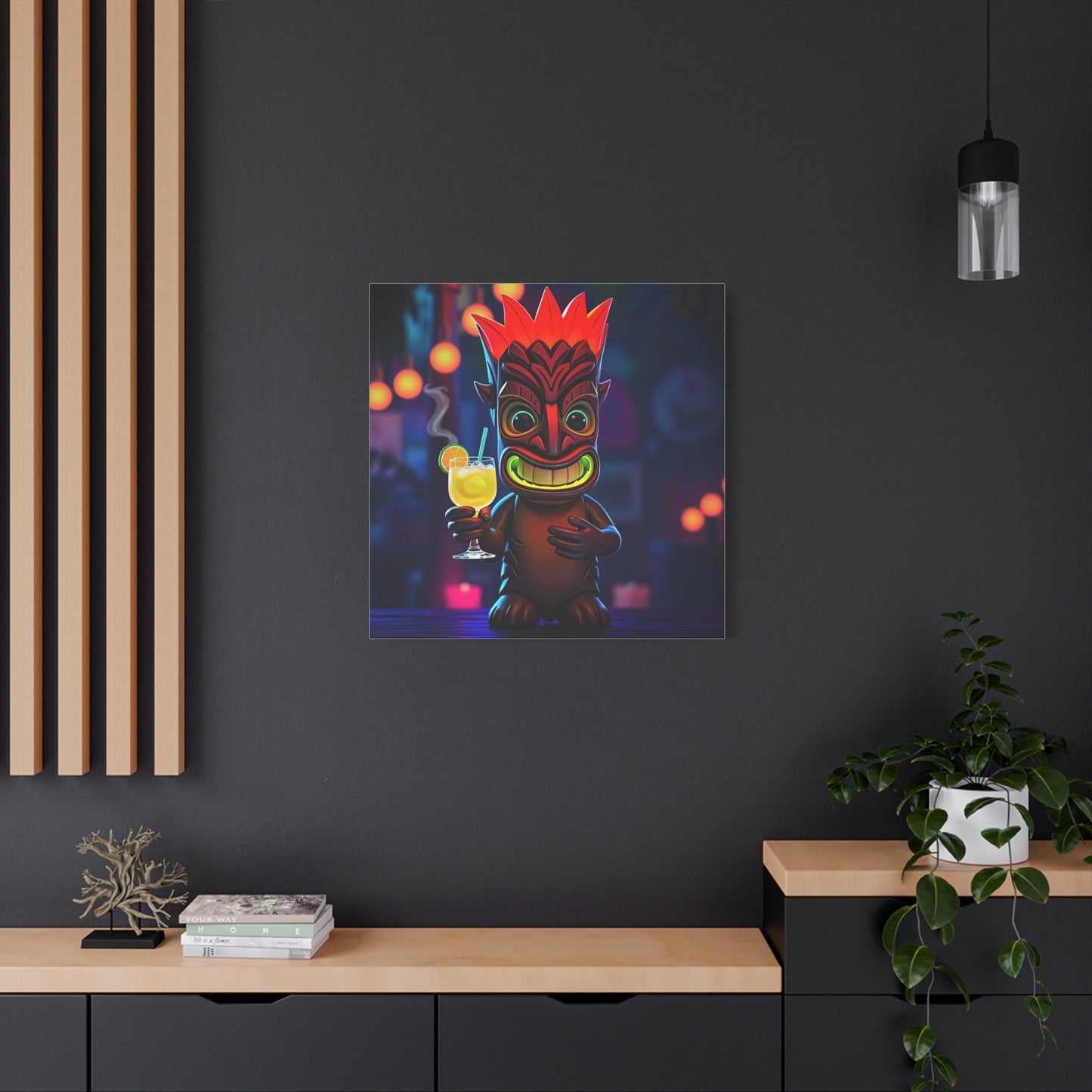 Canvas Print, Exotic Tiki Location with Tiki Drink, Tiki Statue, Nighttime Scene, Wall Art, Home Decor, Tropical Decor