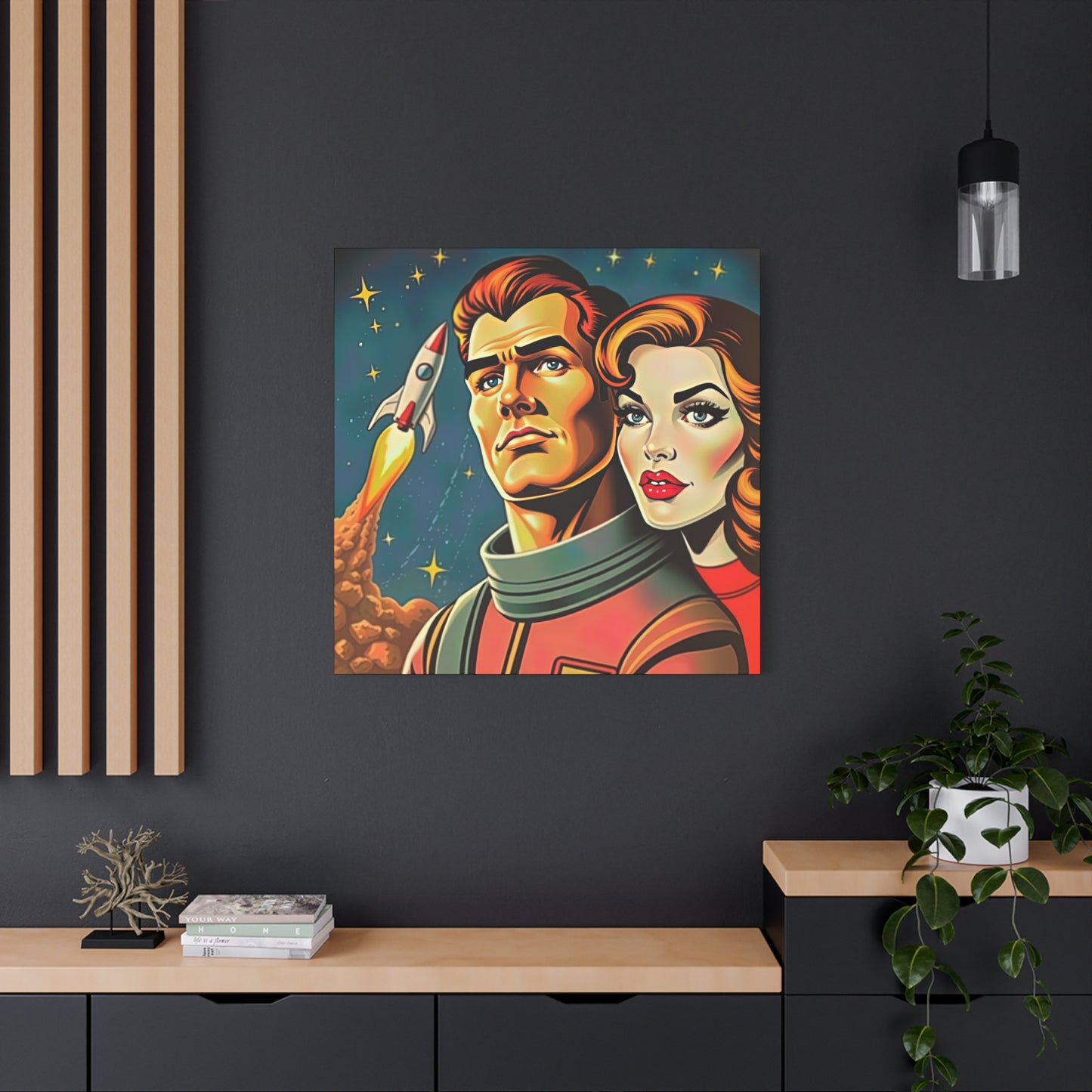 Canvas Wall Art, Retro Sci-Fi Space Commander & Princess, Pulp Magazine 1940s 1950s Decor, Matte Stretched Print, Astronomy Gift, Nerd Home