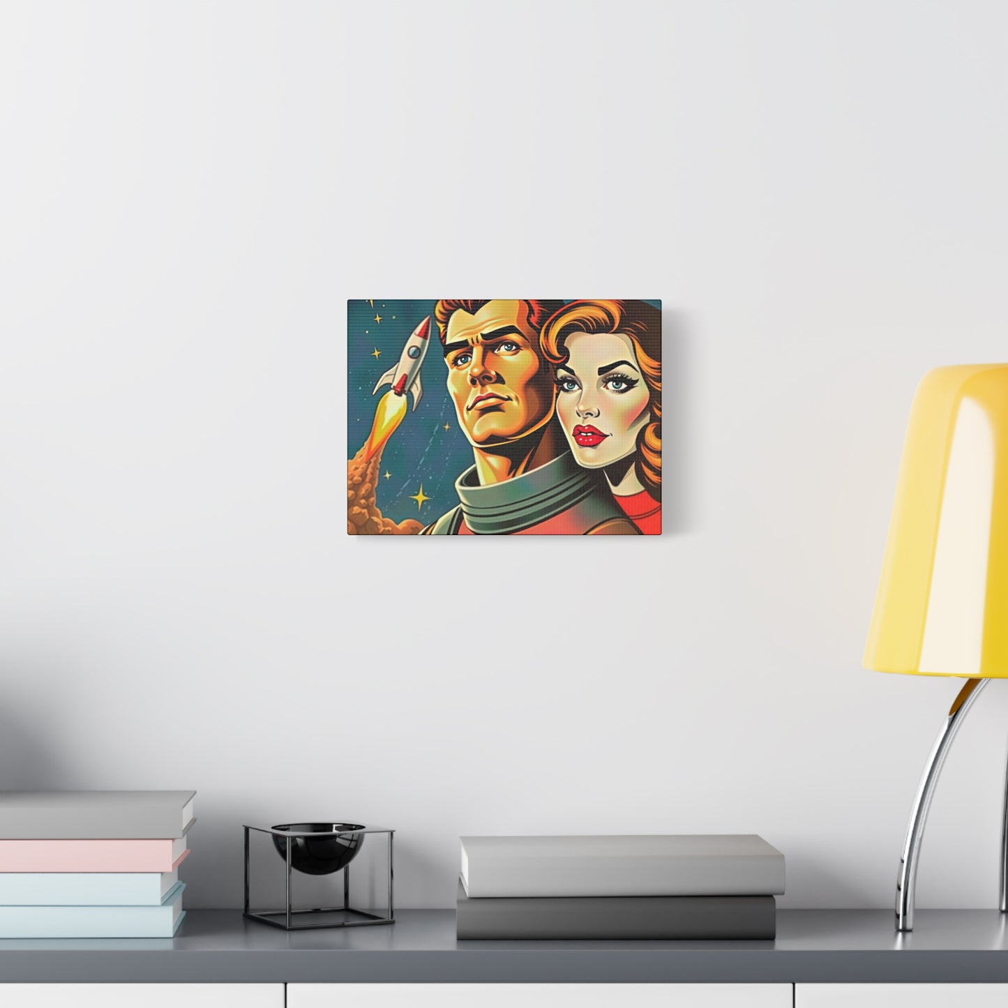 Canvas Wall Art, Retro Sci-Fi Space Commander & Princess, Pulp Magazine 1940s 1950s Decor, Matte Stretched Print, Astronomy Gift, Nerd Home