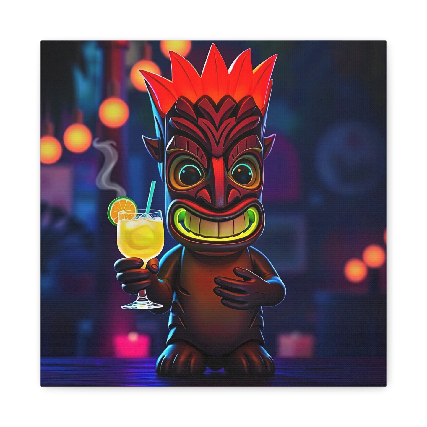 Canvas Print, Exotic Tiki Location with Tiki Drink, Tiki Statue, Nighttime Scene, Wall Art, Home Decor, Tropical Decor