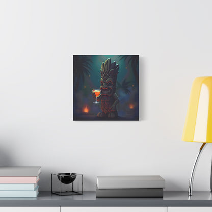 Canvas Print, Tiki Statue Holding Exotic Drink Tropical Night Scene, Wall Art Decor, Beach House Decor, Home Office Decoration, Island Vibes