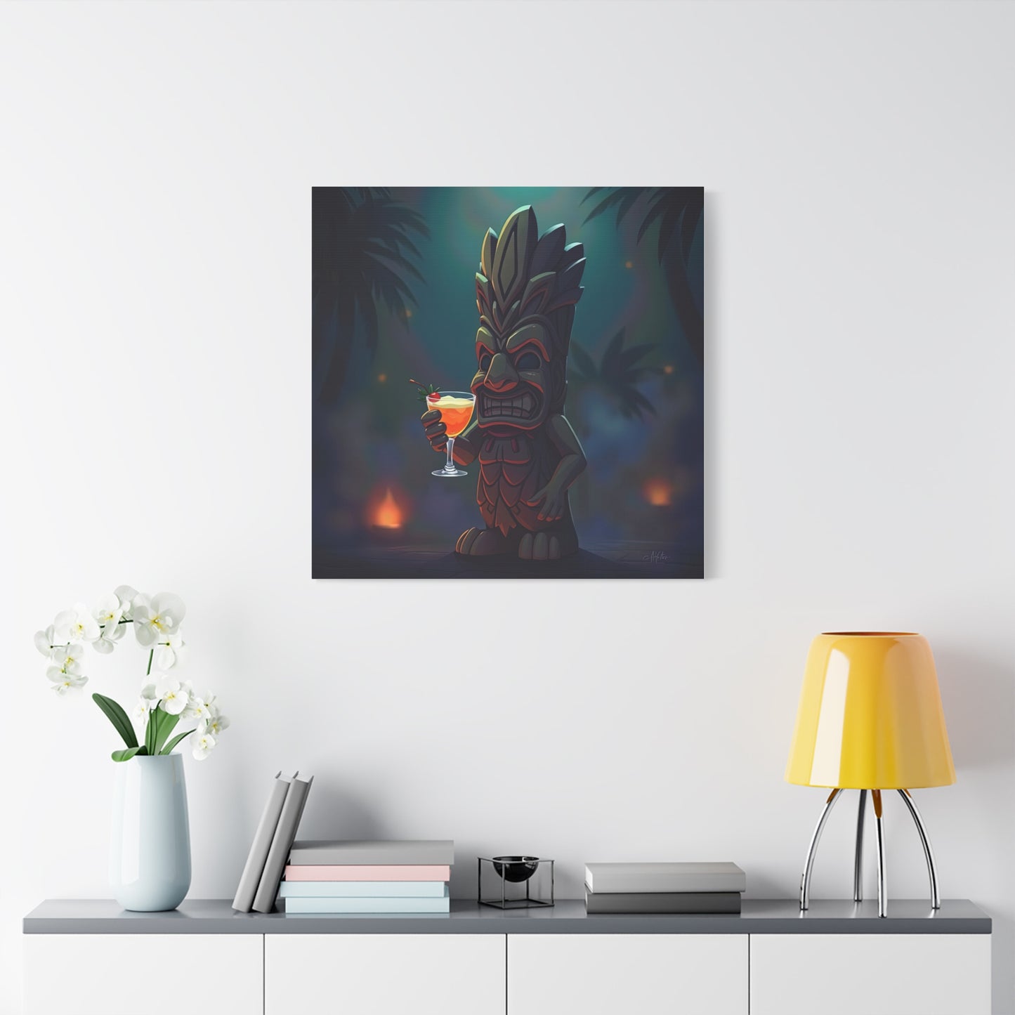 Canvas Print, Tiki Statue Holding Exotic Drink Tropical Night Scene, Wall Art Decor, Beach House Decor, Home Office Decoration, Island Vibes
