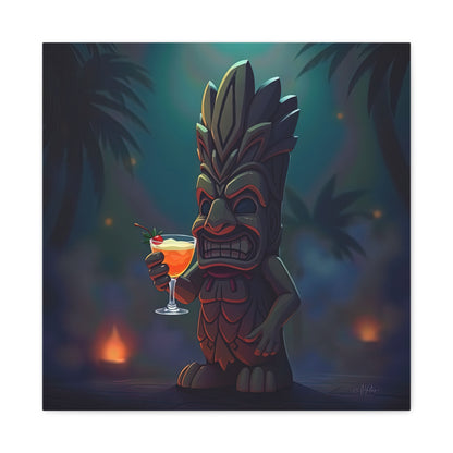 Canvas Print, Tiki Statue Holding Exotic Drink Tropical Night Scene, Wall Art Decor, Beach House Decor, Home Office Decoration, Island Vibes