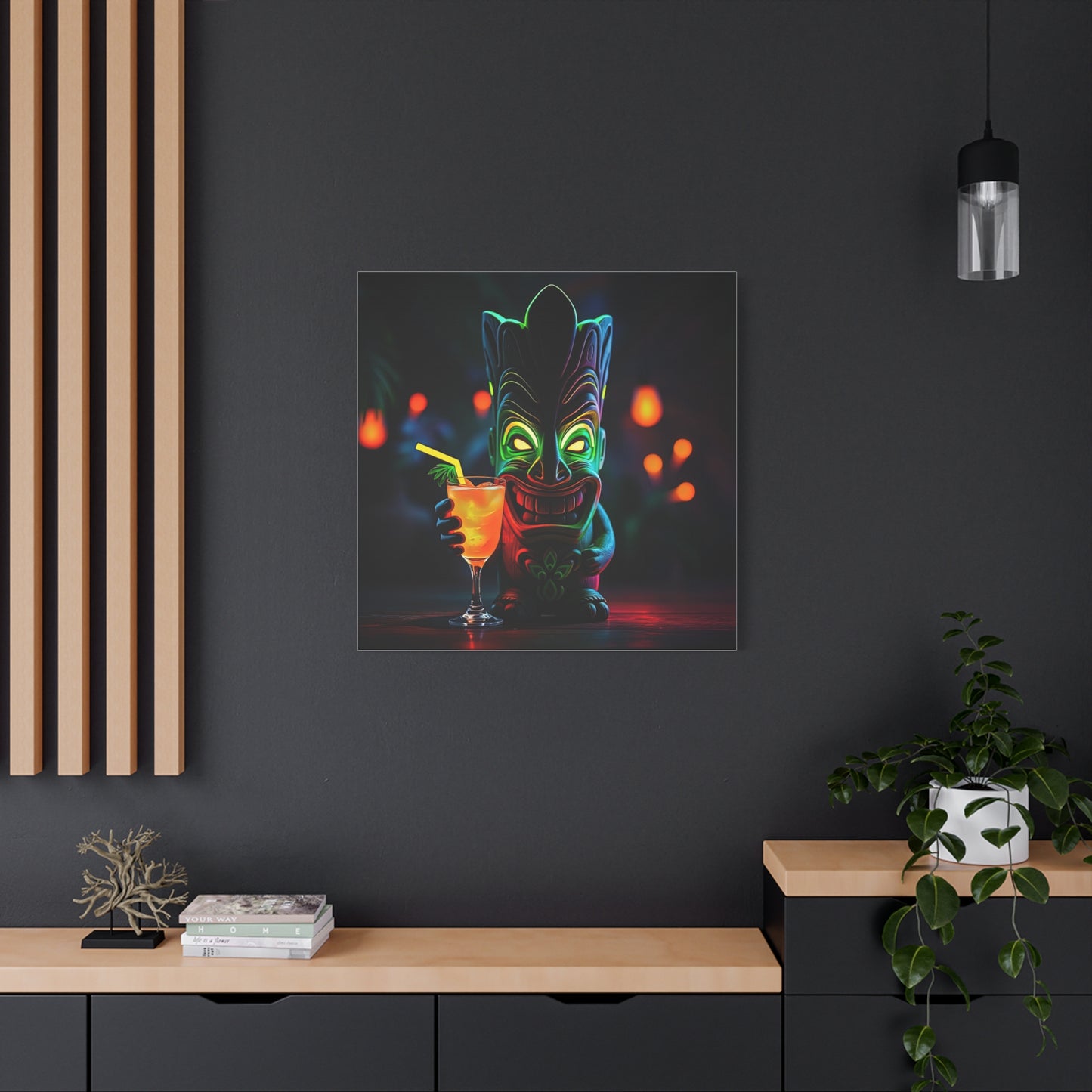 Canvas Print, Tiki Statue Tropical Paradise Wall Art Decor, Exotic Drink, Matte, Stretched, 1 25", Hawaiian Home Decor, Island Vibes,