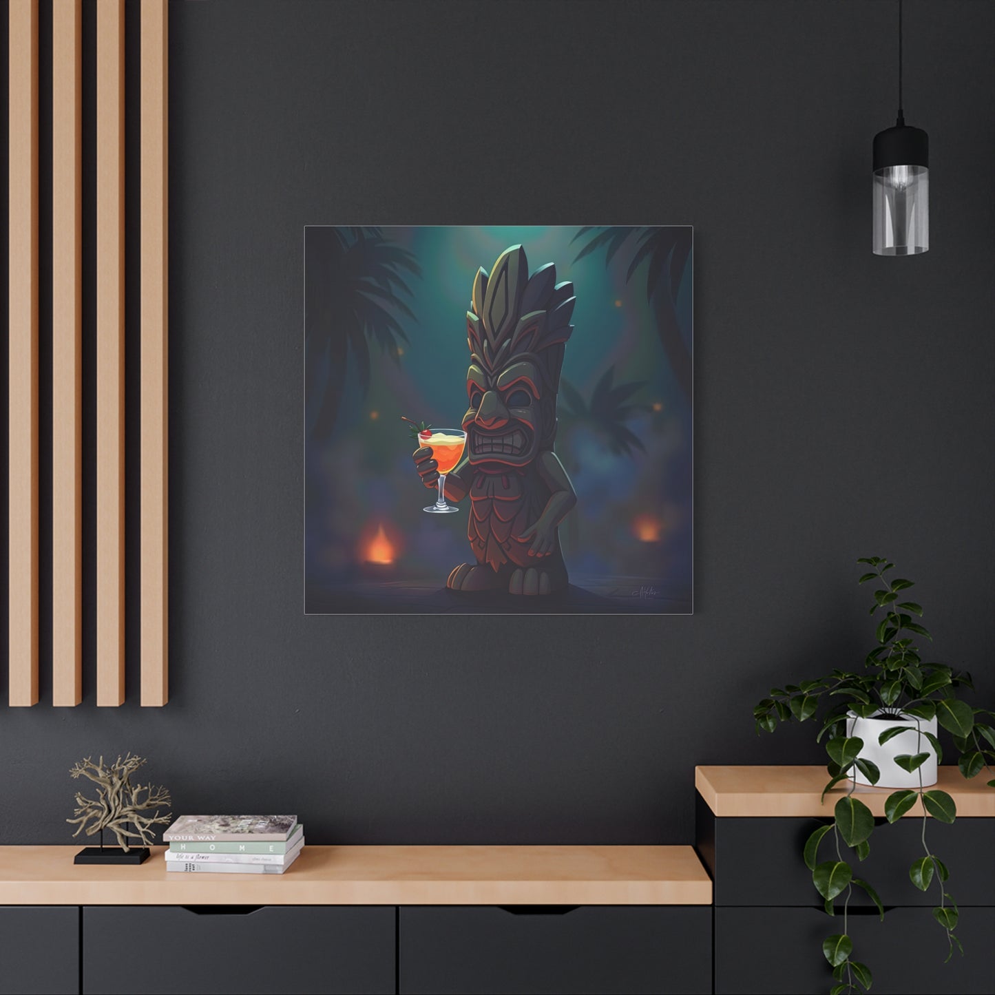 Canvas Print, Tiki Statue Holding Exotic Drink Tropical Night Scene, Wall Art Decor, Beach House Decor, Home Office Decoration, Island Vibes