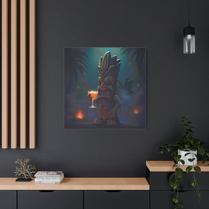 Canvas Print, Tiki Statue Holding Exotic Drink Tropical Night Scene, Wall Art Decor, Beach House Decor, Home Office Decoration, Island Vibes