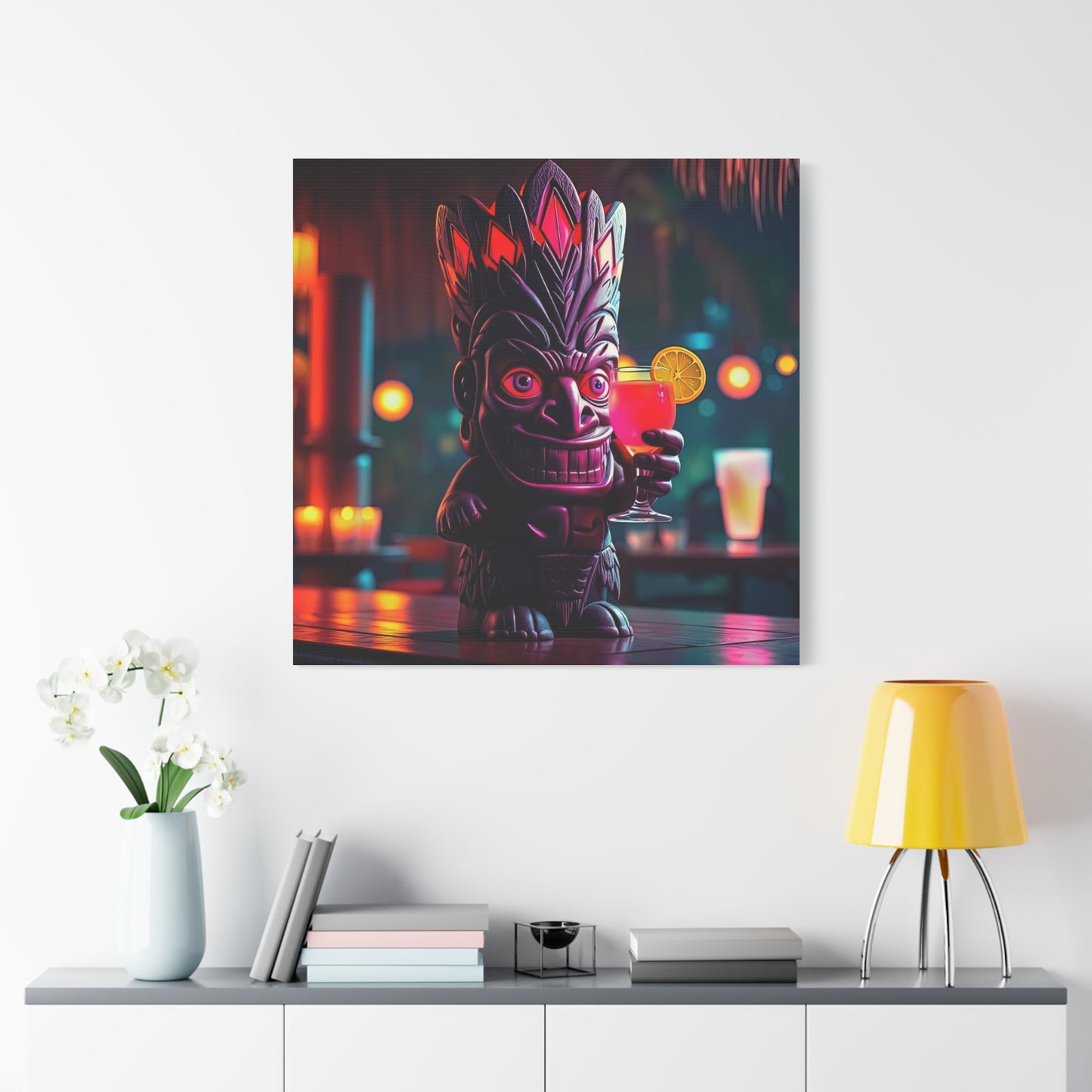 Canvas Print, Exotic Tiki Statue with Drink, Tiki Location Art, Home Decor, Wall Art, Tropical Print, Tiki Decor