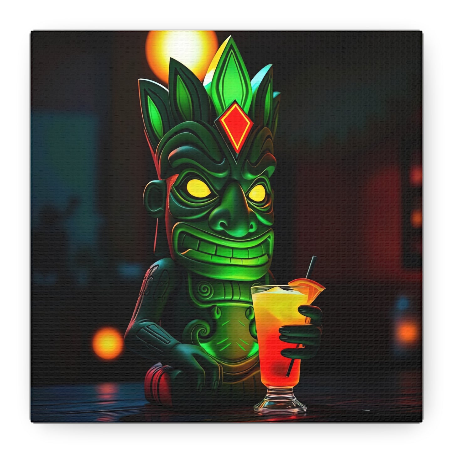 Canvas Print, Exotic Tiki Statue at Night Tropical Paradise Wall Art, Stretched Matte Print, Tiki Drink Decor, Island Vibes Home Decor,