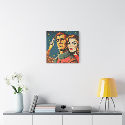 Canvas Wall Art, Retro Sci-Fi Space Commander & Princess, Pulp Magazine 1940s 1950s Decor, Matte Stretched Print, Astronomy Gift, Nerd Home