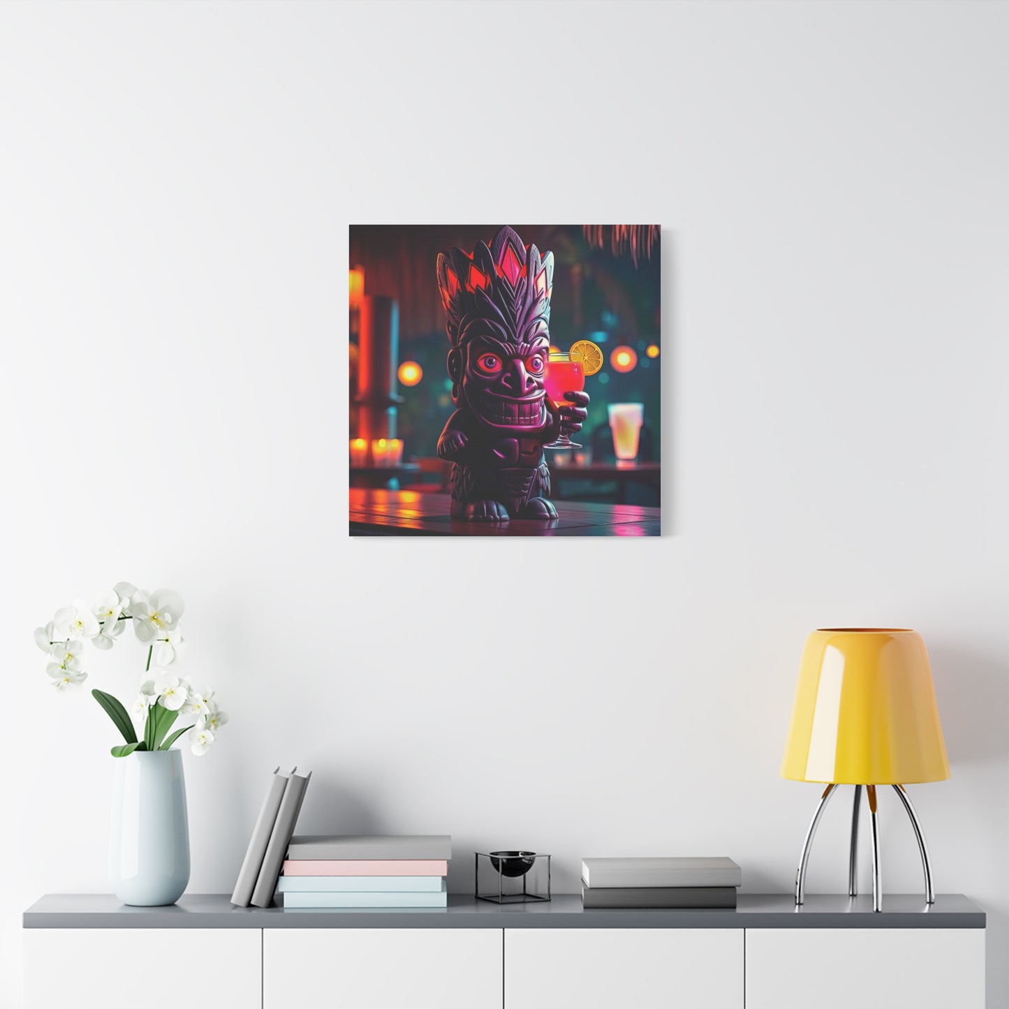 Canvas Print, Exotic Tiki Statue with Drink, Tiki Location Art, Home Decor, Wall Art, Tropical Print, Tiki Decor