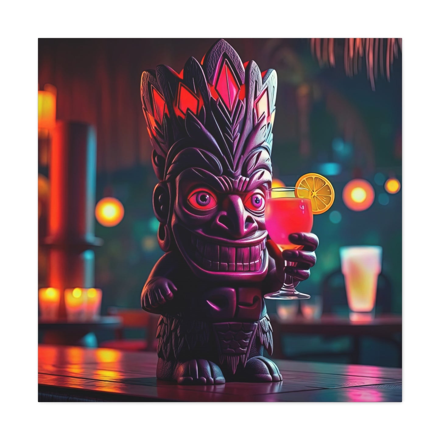Canvas Print, Exotic Tiki Statue with Drink, Tiki Location Art, Home Decor, Wall Art, Tropical Print, Tiki Decor