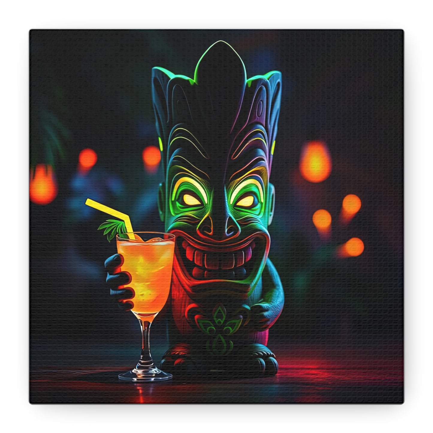 Canvas Print, Tiki Statue Tropical Paradise Wall Art Decor, Exotic Drink, Matte, Stretched, 1 25", Hawaiian Home Decor, Island Vibes,