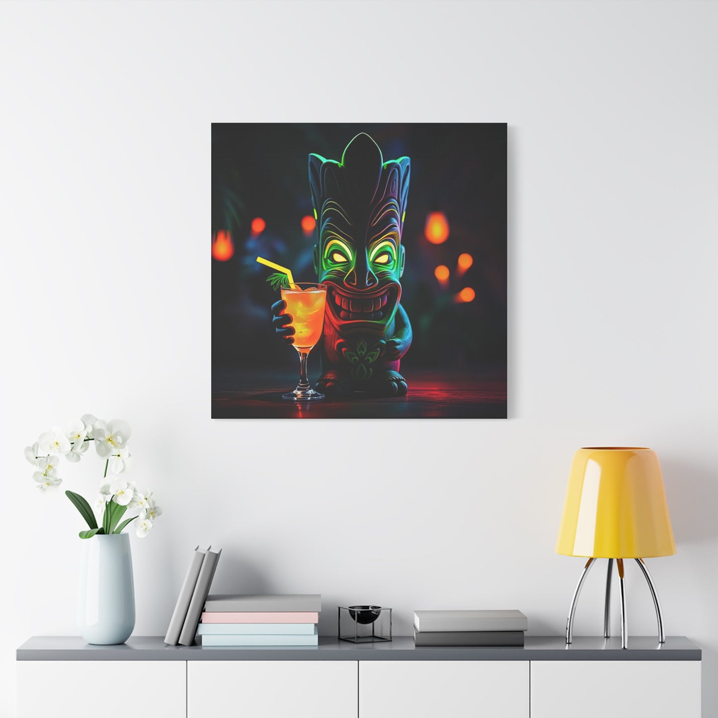 Canvas Print, Tiki Statue Tropical Paradise Wall Art Decor, Exotic Drink, Matte, Stretched, 1 25", Hawaiian Home Decor, Island Vibes,