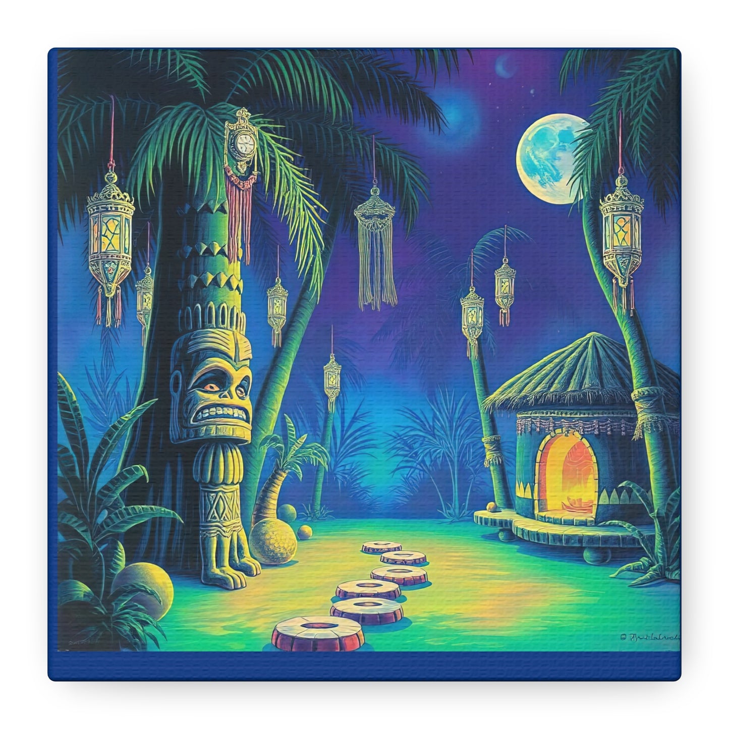 Canvas Print, Tiki Village Night Scene Wall Art, Whimsical Style, Home Decor, Gift, Tropical Artwork