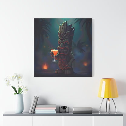 Canvas Print, Tiki Statue Holding Exotic Drink Tropical Night Scene, Wall Art Decor, Beach House Decor, Home Office Decoration, Island Vibes