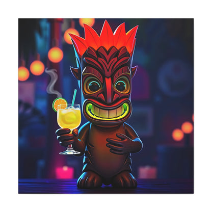 Canvas Print, Exotic Tiki Location with Tiki Drink, Tiki Statue, Nighttime Scene, Wall Art, Home Decor, Tropical Decor