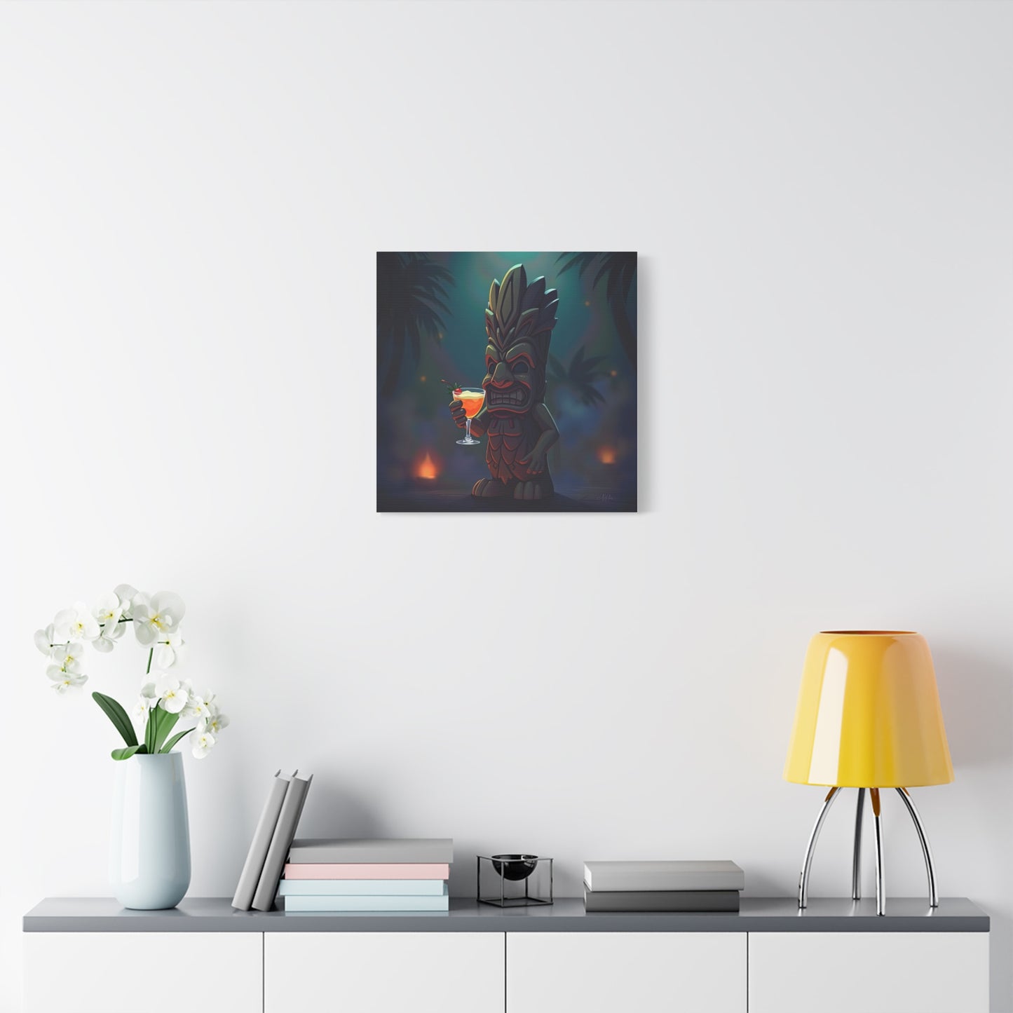 Canvas Print, Tiki Statue Holding Exotic Drink Tropical Night Scene, Wall Art Decor, Beach House Decor, Home Office Decoration, Island Vibes