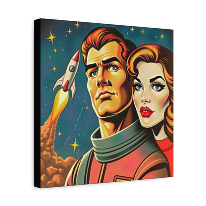 Canvas Wall Art, Retro Sci-Fi Space Commander & Princess, Pulp Magazine 1940s 1950s Decor, Matte Stretched Print, Astronomy Gift, Nerd Home