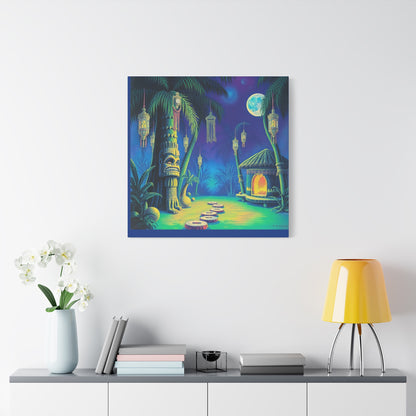 Canvas Print, Tiki Village Night Scene Wall Art, Whimsical Style, Home Decor, Gift, Tropical Artwork