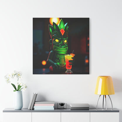 Canvas Print, Exotic Tiki Statue at Night Tropical Paradise Wall Art, Stretched Matte Print, Tiki Drink Decor, Island Vibes Home Decor,