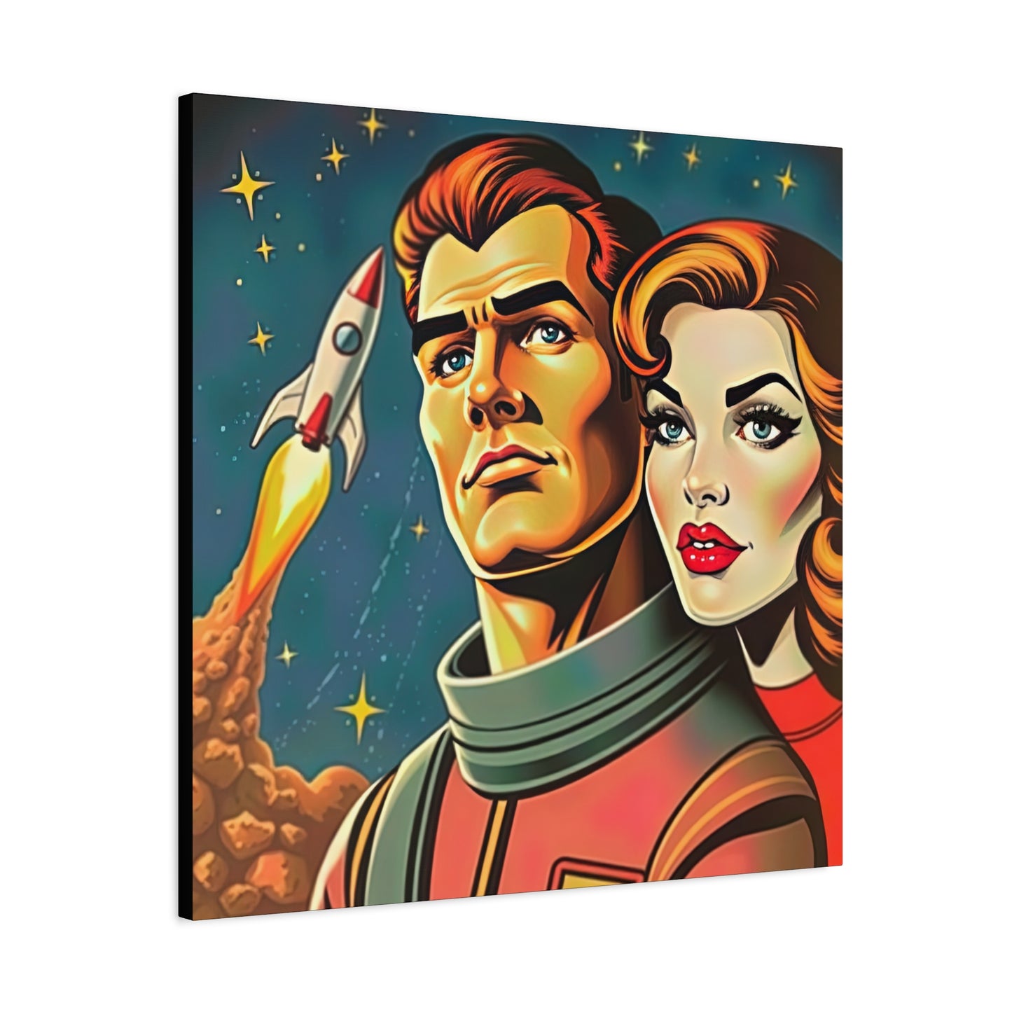 Canvas Wall Art, Retro Sci-Fi Space Commander & Princess, Pulp Magazine 1940s 1950s Decor, Matte Stretched Print, Astronomy Gift, Nerd Home