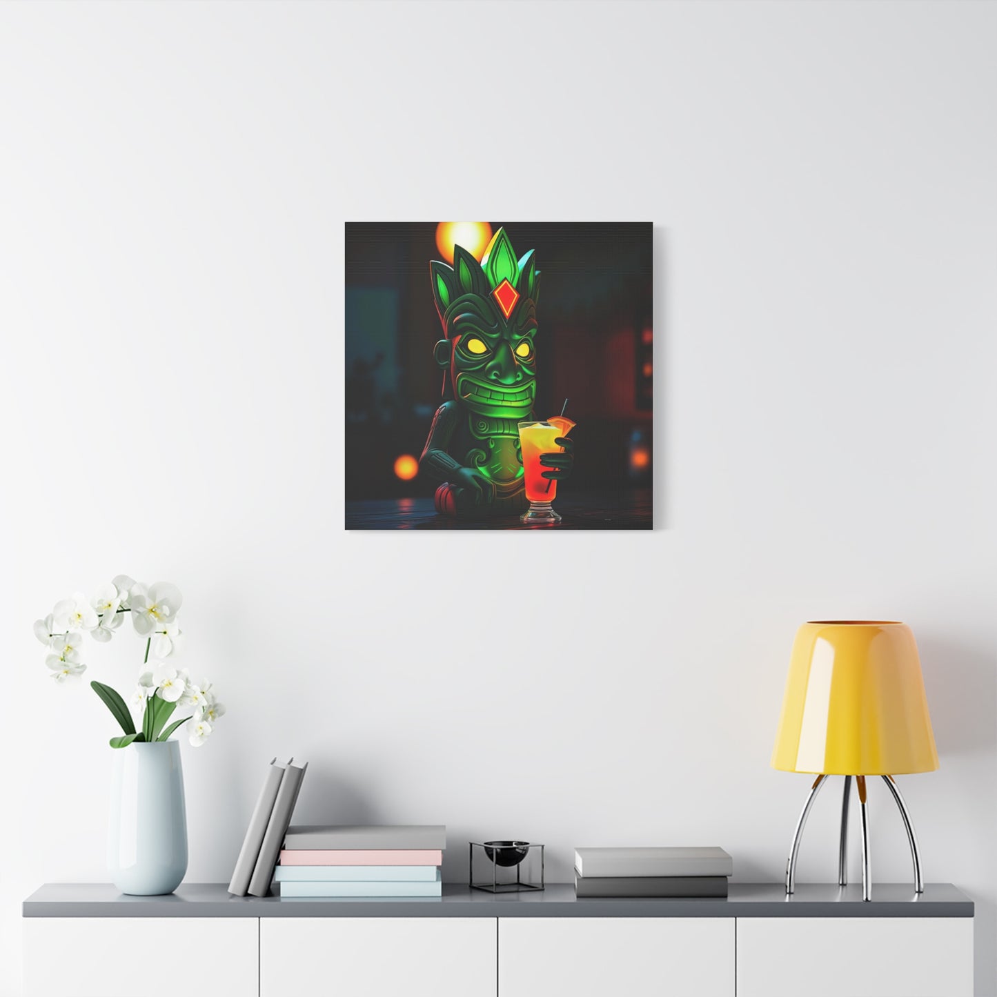 Canvas Print, Exotic Tiki Statue at Night Tropical Paradise Wall Art, Stretched Matte Print, Tiki Drink Decor, Island Vibes Home Decor,