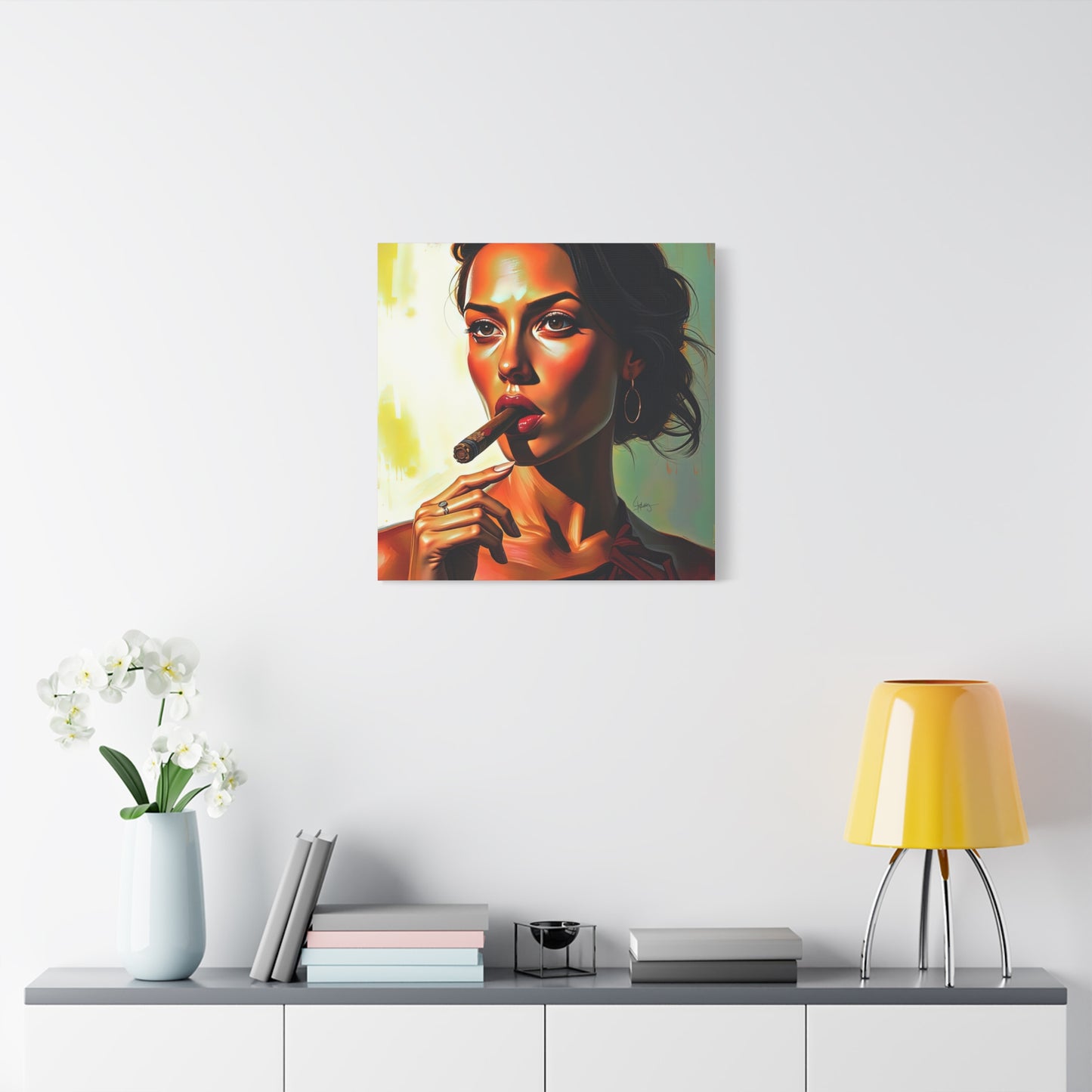 Canvas Wall Art, Pinup Woman Smoking Cigar for Man Cave, Cigar Aficionados, Retro Art Decor, Pinup Art Print, Wall Decor