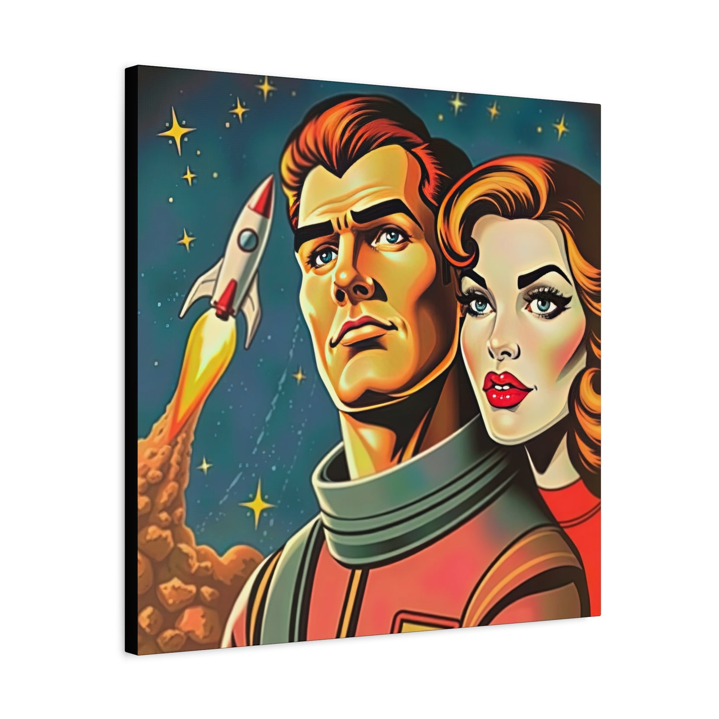 Canvas Wall Art, Retro Sci-Fi Space Commander & Princess, Pulp Magazine 1940s 1950s Decor, Matte Stretched Print, Astronomy Gift, Nerd Home