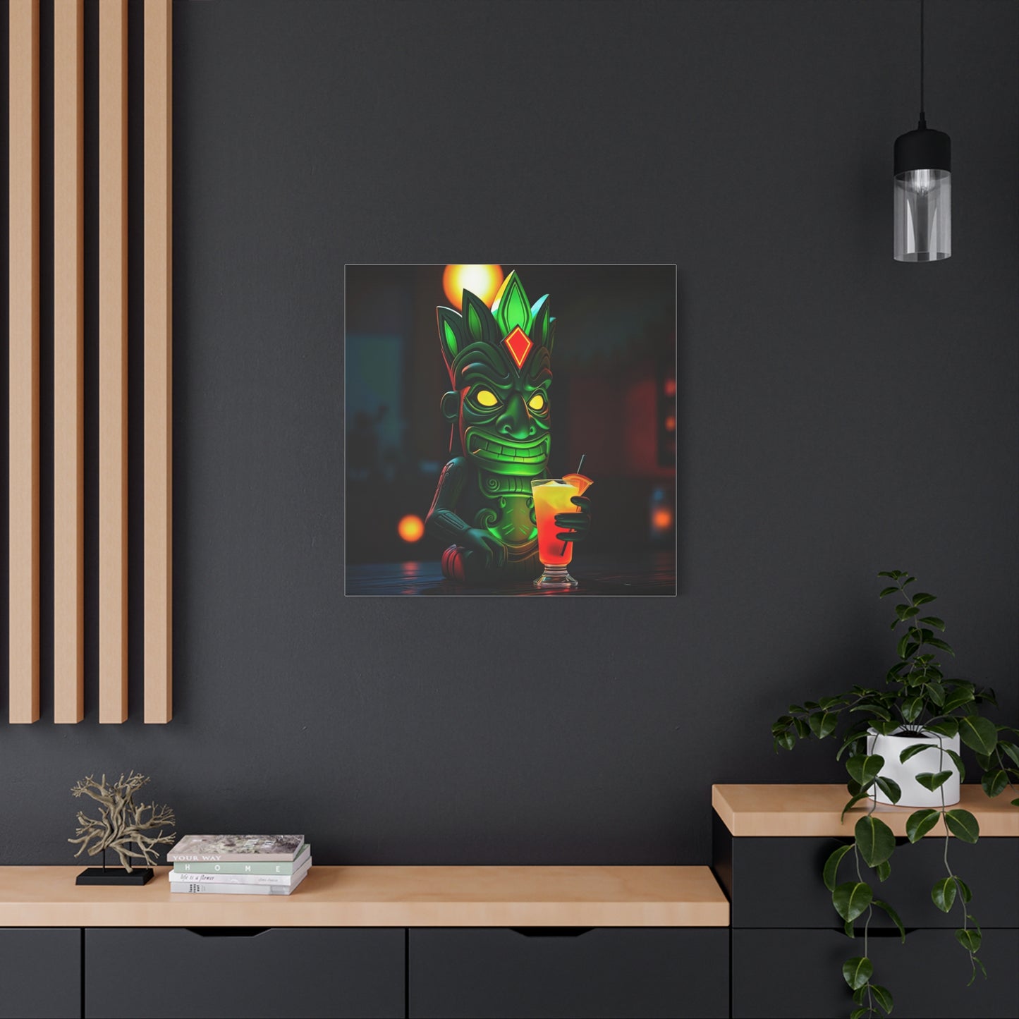 Canvas Print, Exotic Tiki Statue at Night Tropical Paradise Wall Art, Stretched Matte Print, Tiki Drink Decor, Island Vibes Home Decor,