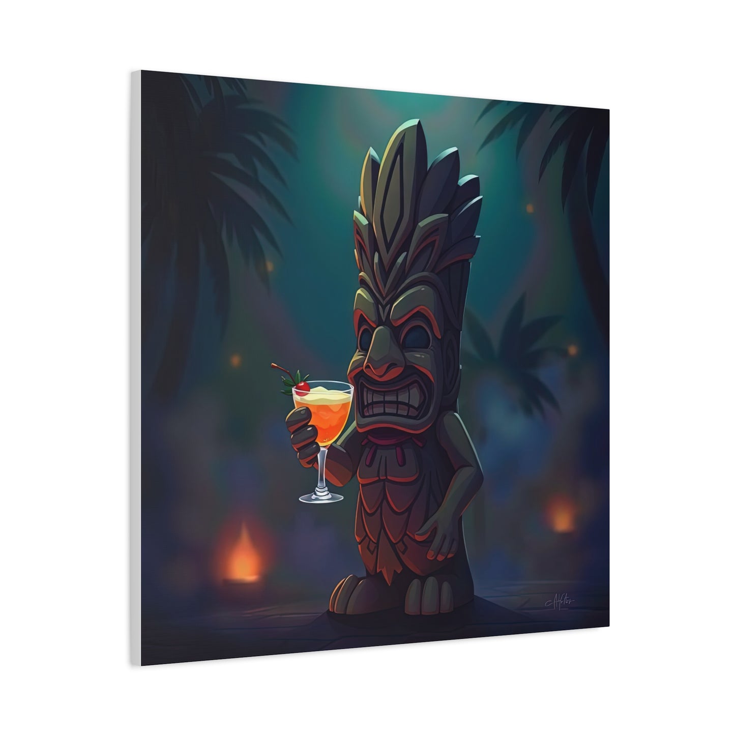 Canvas Print, Tiki Statue Holding Exotic Drink Tropical Night Scene, Wall Art Decor, Beach House Decor, Home Office Decoration, Island Vibes