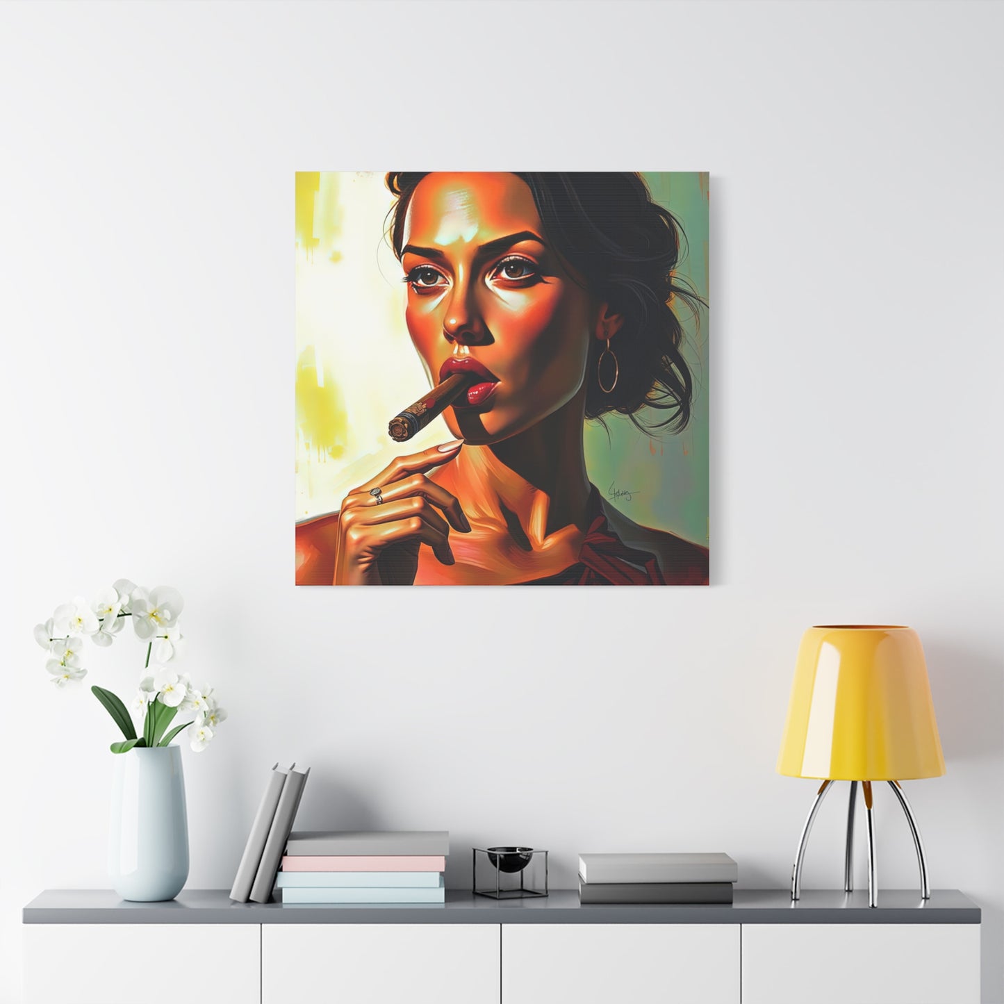 Canvas Wall Art, Pinup Woman Smoking Cigar for Man Cave, Cigar Aficionados, Retro Art Decor, Pinup Art Print, Wall Decor