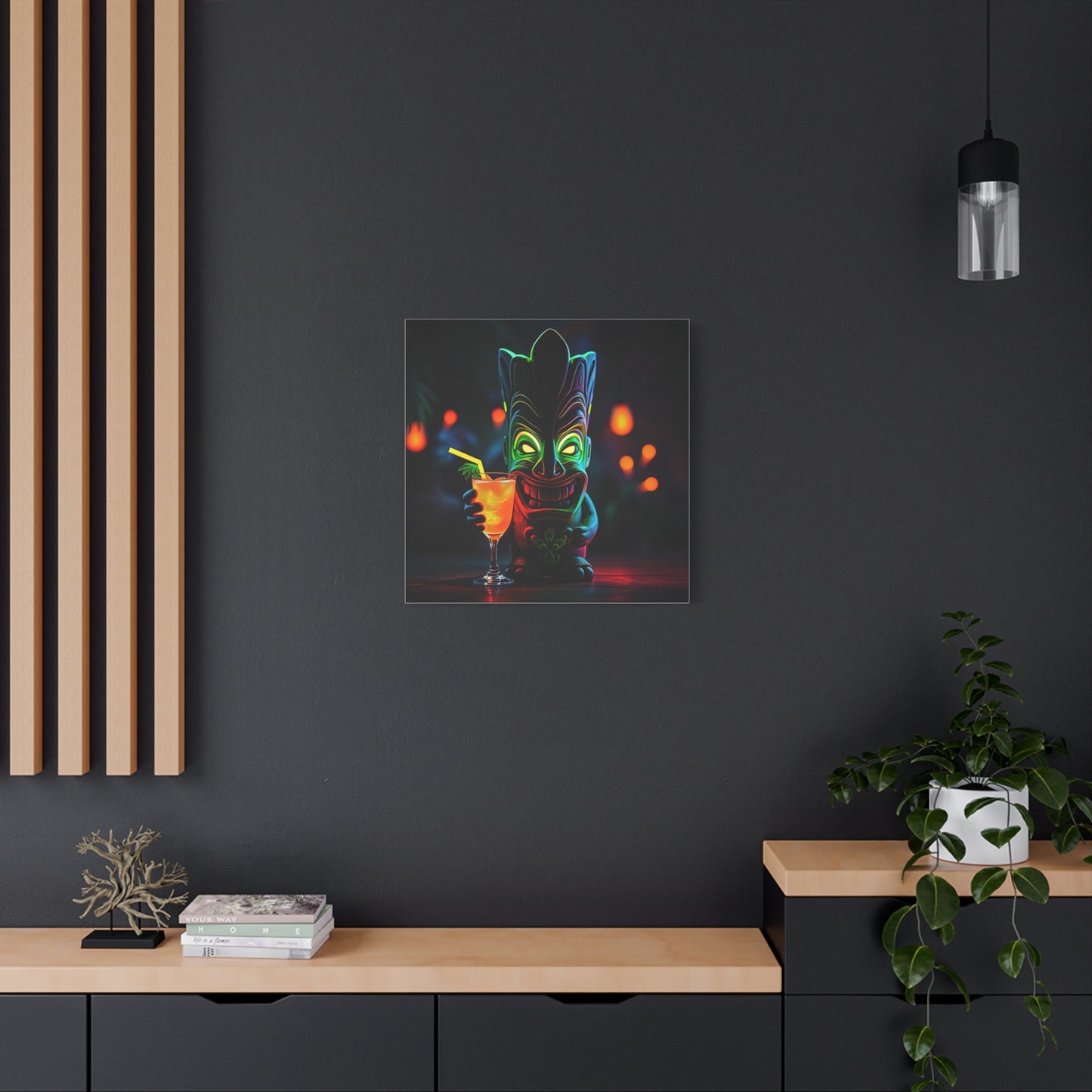 Canvas Print, Tiki Statue Tropical Paradise Wall Art Decor, Exotic Drink, Matte, Stretched, 1 25", Hawaiian Home Decor, Island Vibes,