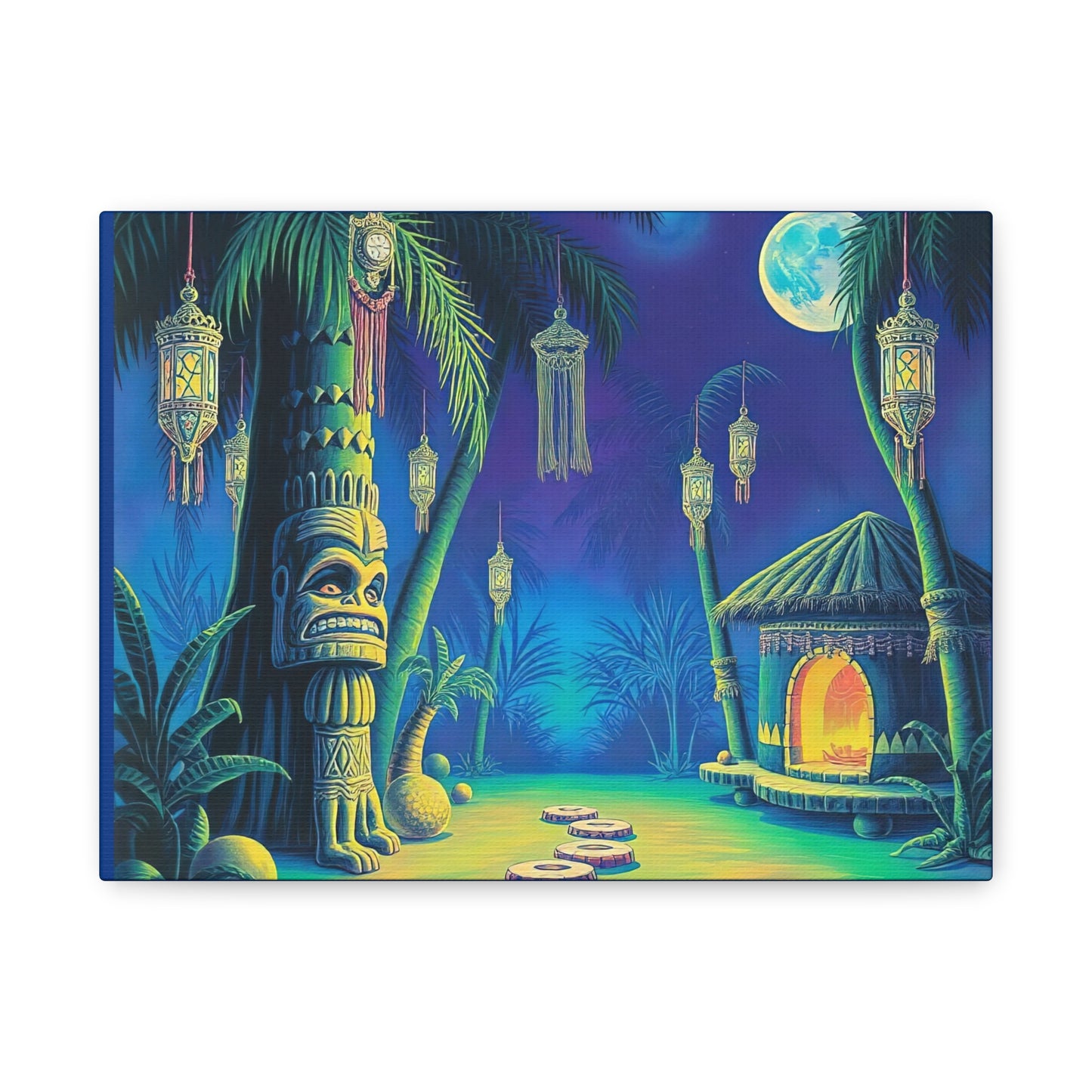 Canvas Print, Tiki Village Night Scene Wall Art, Whimsical Style, Home Decor, Gift, Tropical Artwork