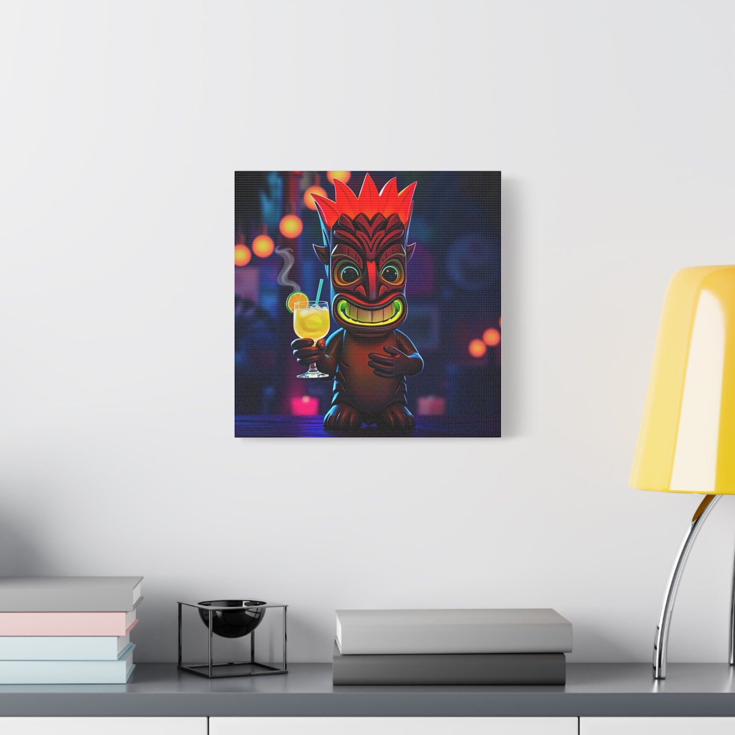 Canvas Print, Exotic Tiki Location with Tiki Drink, Tiki Statue, Nighttime Scene, Wall Art, Home Decor, Tropical Decor