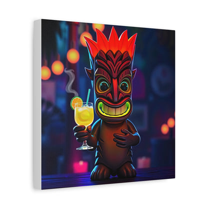 Canvas Print, Exotic Tiki Location with Tiki Drink, Tiki Statue, Nighttime Scene, Wall Art, Home Decor, Tropical Decor