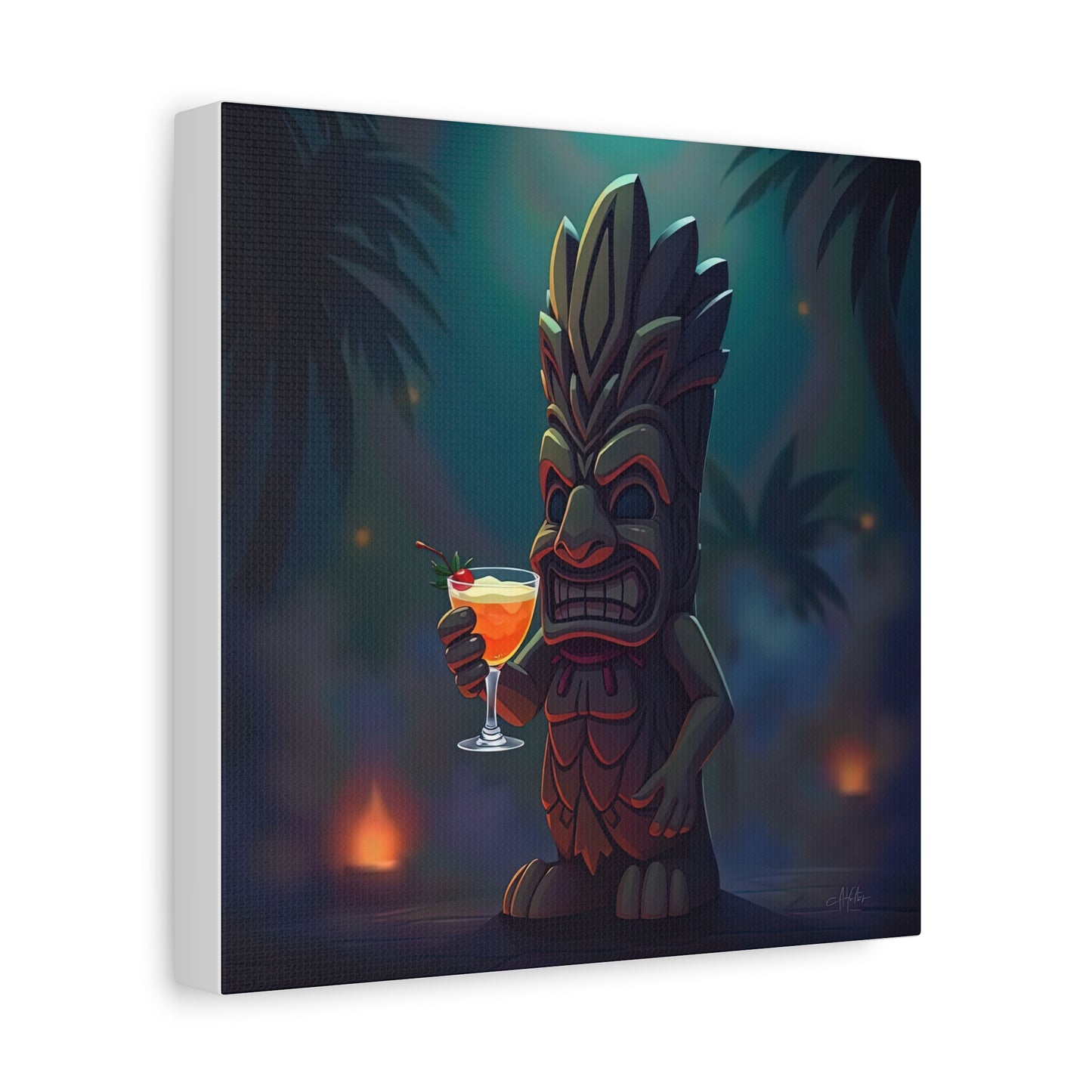 Canvas Print, Tiki Statue Holding Exotic Drink Tropical Night Scene, Wall Art Decor, Beach House Decor, Home Office Decoration, Island Vibes
